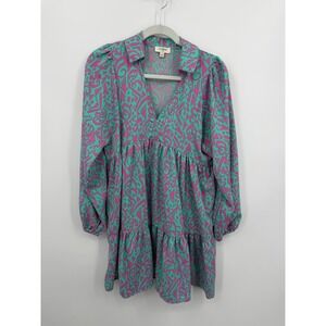 Umgee‎ two tone print Babydoll tiered Dress S Teal Magenta Abstract Long Sleeve